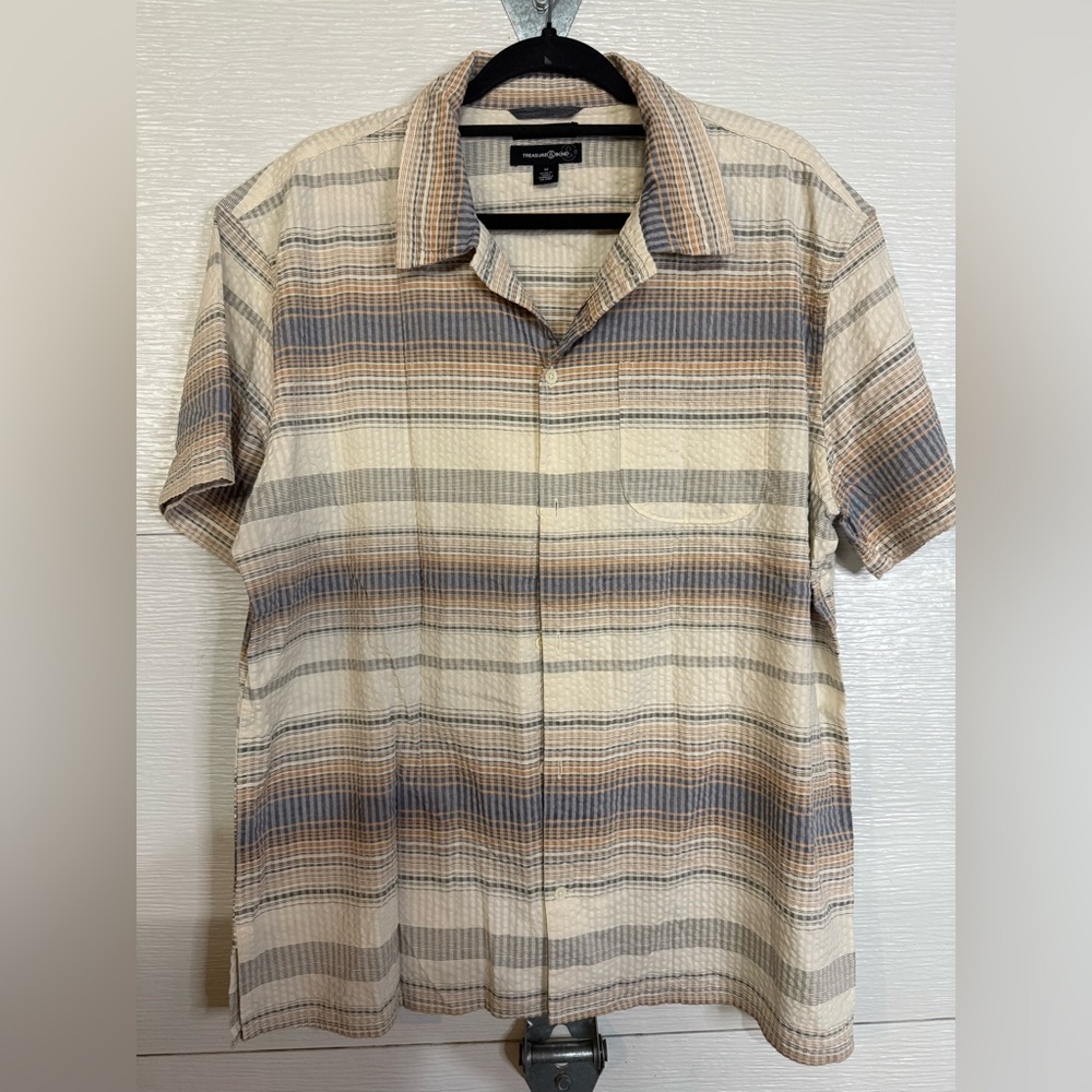 TREASURE & BOND STRIPE SEERSUCKER SHORT SLEEVE BUTTON UP SHIRT MEDIUM - Picture 2 of 4